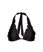 Tux Lettuce Edge Halter Top black satin bikini top with white lettuce-edge trim and adjustable tie halter straps