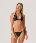 Tux Lettuce Edge Halter Top black satin bikini top with white lettuce-edge trim and adjustable tie halter straps