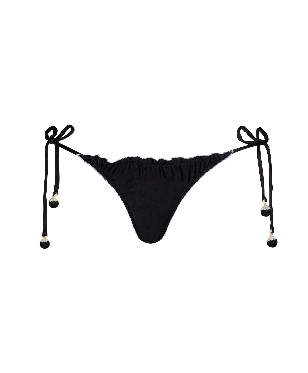 Tux Lettuce Edge Tie Side Bottom black satin bikini bottom with white lettuce-edge trim and tie sides