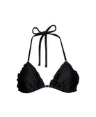 Tux Lettuce Edge Triangle Top black satin bikini with white lettuce-edge trim and crochet tie details