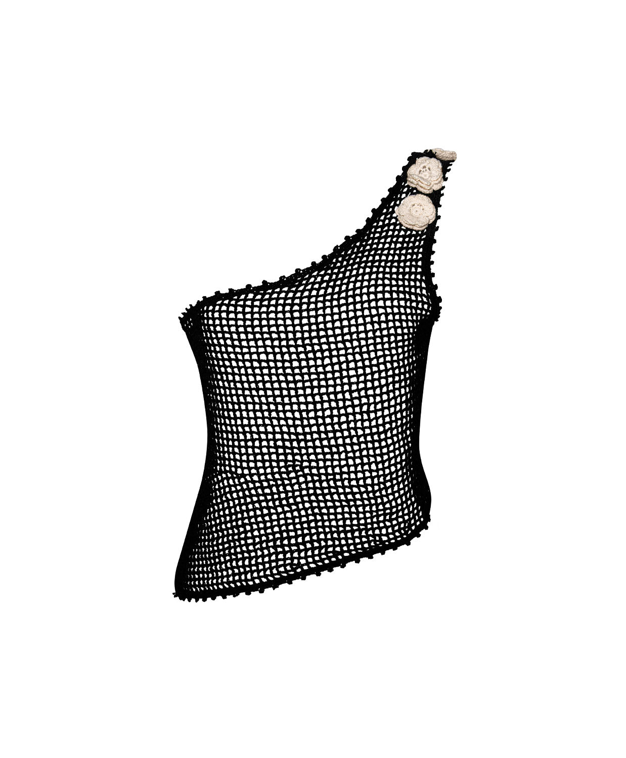 Tux Zara Flower Top sheer one-shoulder crochet top with white appliqué flowers.