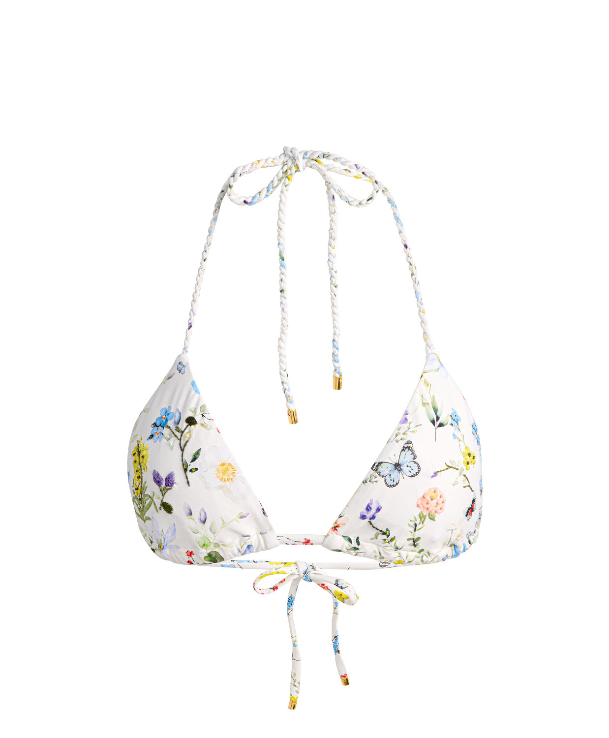 Twisting Vines Rope Triangle Top with hand-embroidered floral and butterfly motifs and twisted rope straps