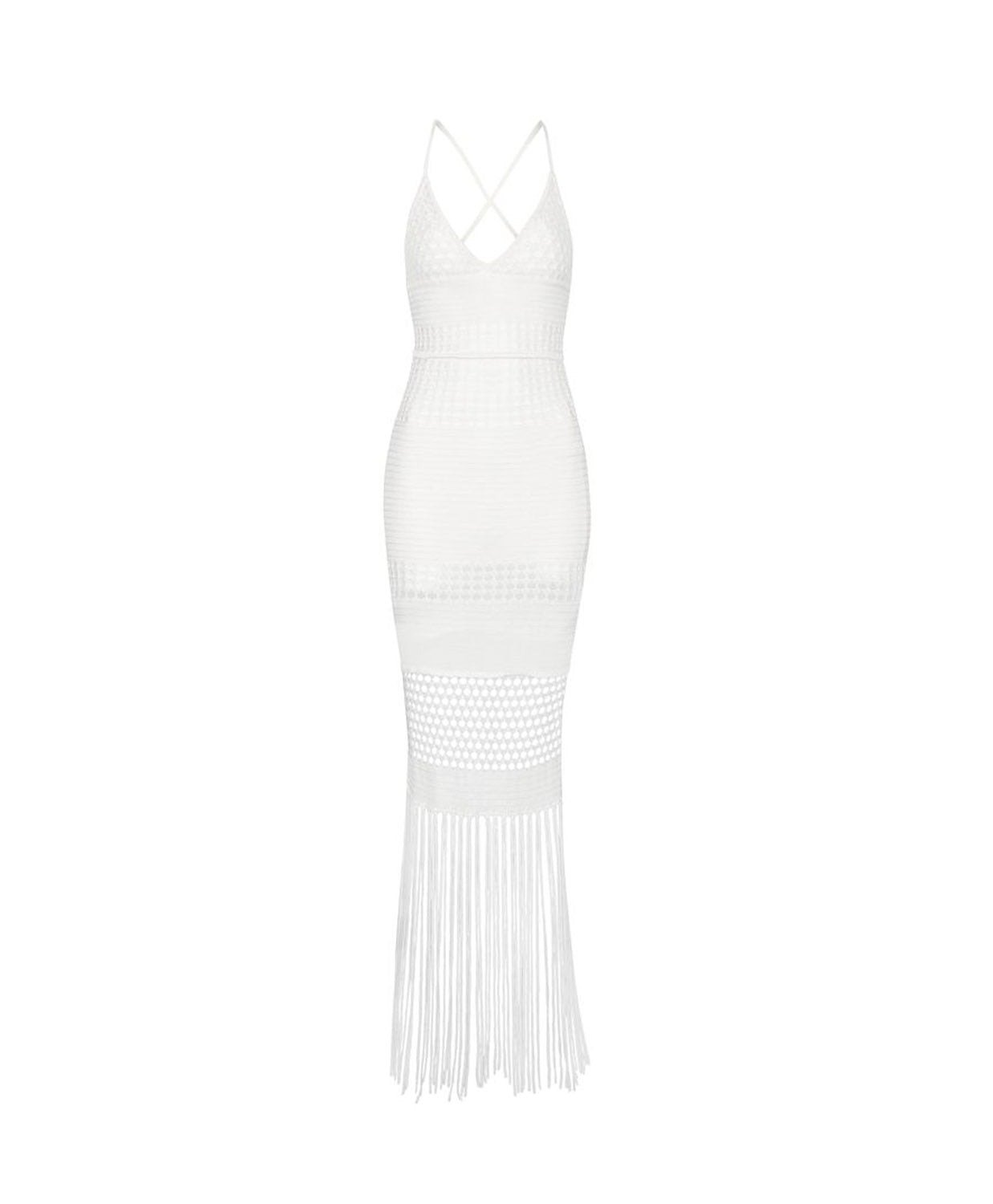 Water Lily Eva Fringe Dress with open-knit crochet and statement fringe