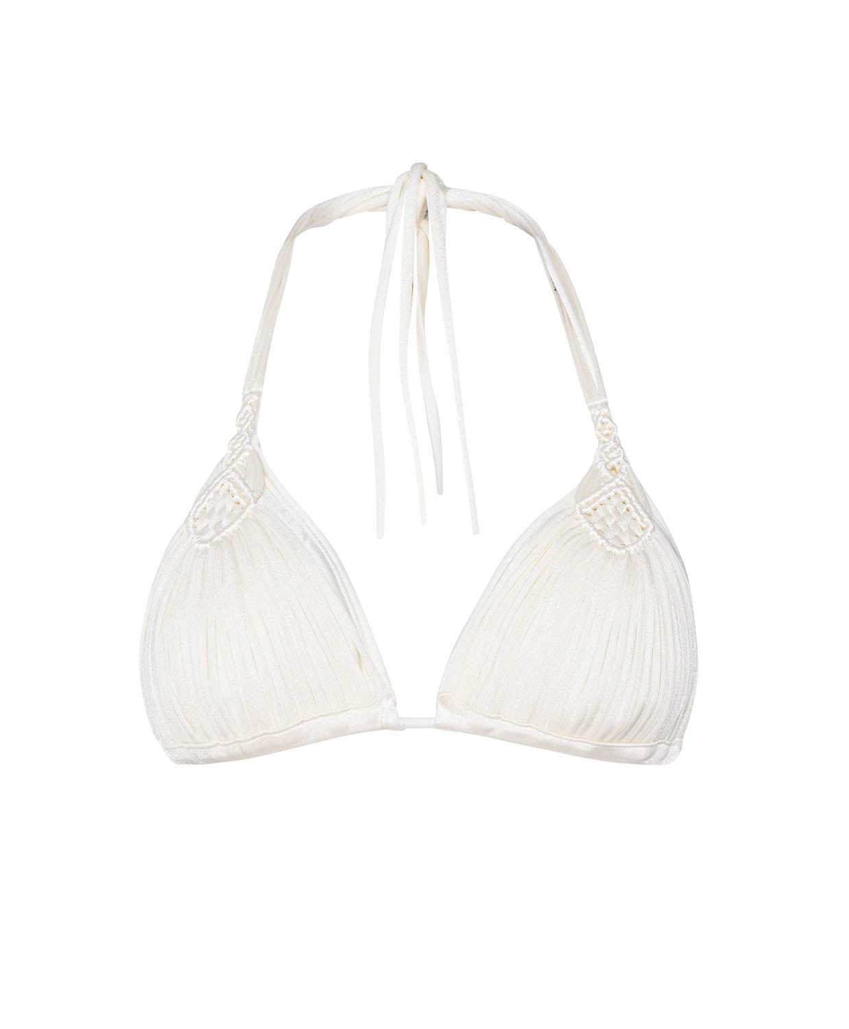 White Isla Macrame triangle bikini top with delicate handwoven detailing