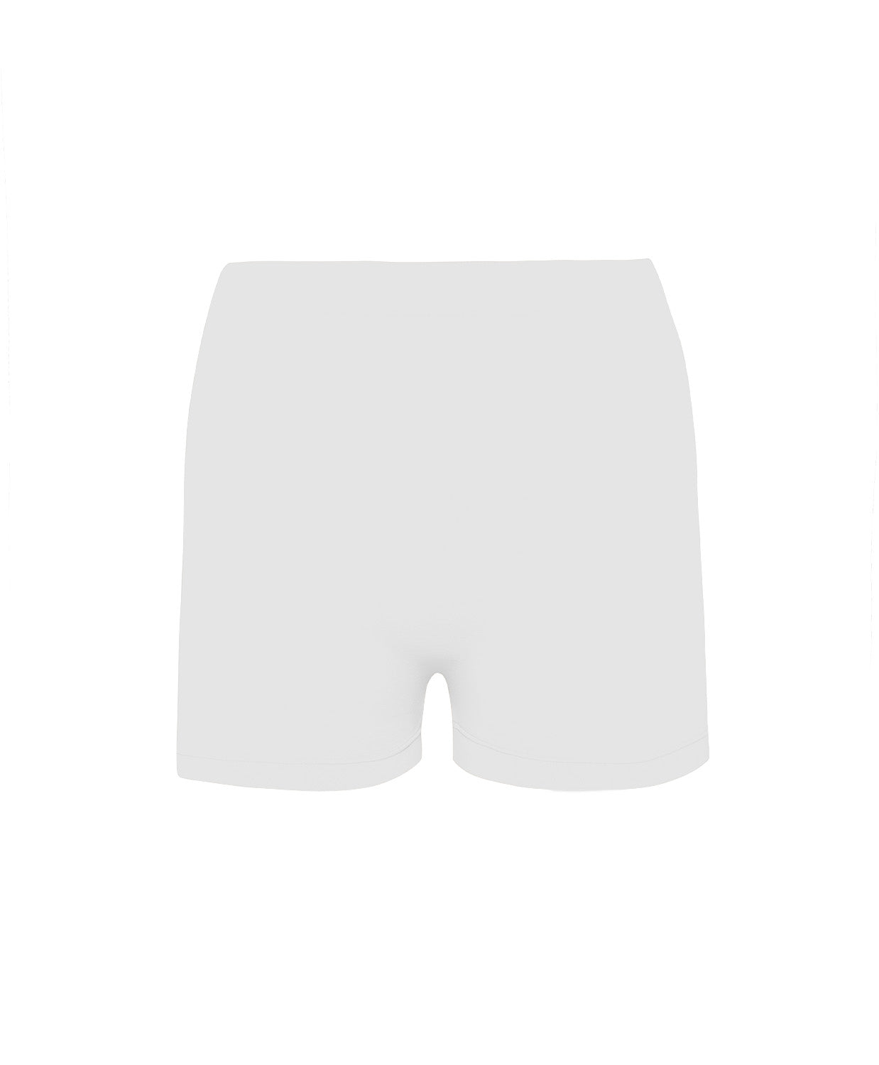 A woman wearing a white bandeau and matching shorts standing against a white wall. 