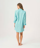 Water Millie Tie Cover Up in bright blue linen with tie closure, styled over swimwear