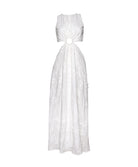 White Sands Tavi Dress in textured white eyelet fabric with center cutout and full-length feminine silhouette