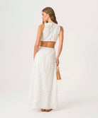 White Sands Tavi Dress in textured white eyelet fabric with center cutout and full-length feminine silhouette