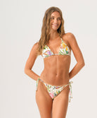 Wild Bloom Embroidered Lettuce Edge Tie Side Bottom with tropical floral print, hand-embroidered beading, and adjustable tie sides.