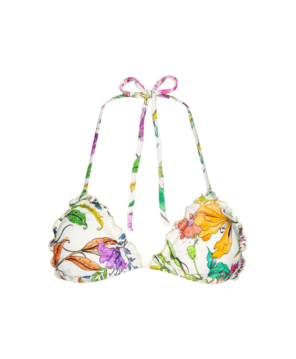 Wild Bloom Embroidered Lettuce Edge Triangle Top with hand-beaded floral embroidery and adjustable ties.