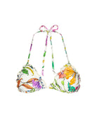 Wild Bloom Embroidered Lettuce Edge Triangle Top with hand-beaded floral embroidery and adjustable ties.