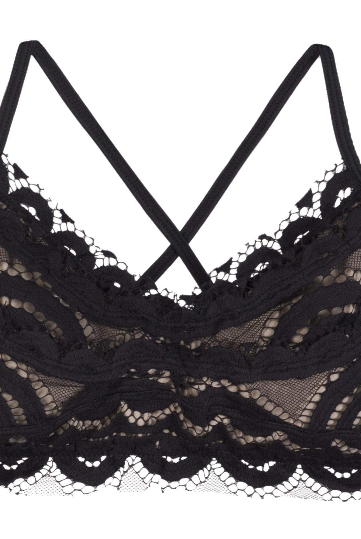 Black lace bralette bikini top in front of white background
